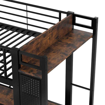 KOMHTOM High Bed 90x200cm Iron frame with desk LED bar USB + TYPE-C socket 4 drawers