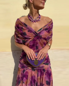 Abbigliamento donna elegante Abito plissettato a vita alta con stampa floreale Boho Nuovo abito a trapezio da cocktail con maniche a pipistrello a petto basso