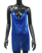 2023 Sexy Clubwear Backless Sequin Short Dress for Women Cocktail Metallic Split Mesh Harness Body Chain Club Low Cut Mini Dress