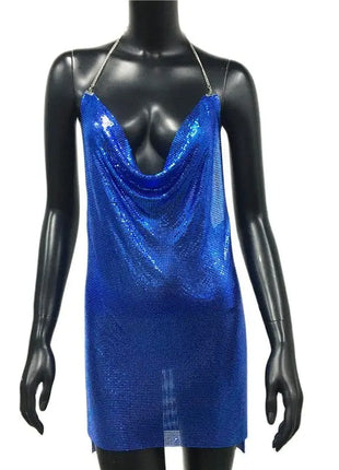 2023 Sexy Clubwear Backless Sequin Short Dress for Women Cocktail Metallic Split Mesh Harness Body Chain Club Low Cut Mini Dress