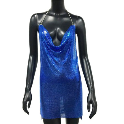 2023 Sexy Clubwear Backless paillettes abito corto per le donne Cocktail Metalic Split Mesh Harness Body Chain Club Low Cut Mini Dress