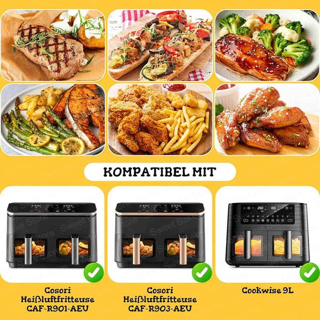 Baking Paper for Hot Air Fryer Cosori 8.5L, Cookwise 9L, Non-Stick Liners for Cosori CAF-R901-AEU, 2 Chambers Fryers Accessories