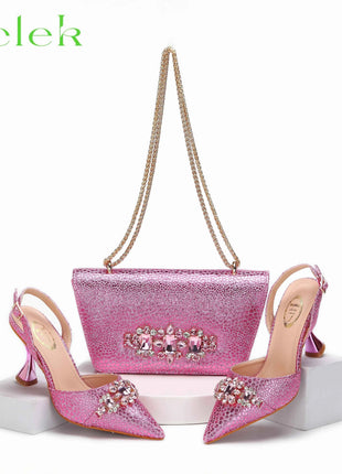 Nuovi arrivi Design speciale colore rosa scarpe e borsa da donna africane Set sandali a punta per la festa di nozze
