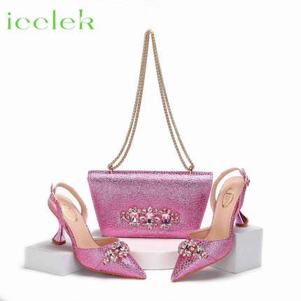 Nuovi arrivi Design speciale colore rosa scarpe e borsa da donna africane Set sandali a punta per la festa di nozze