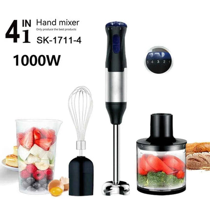 Frullatore a Immersione 4-in-1 da 1000W, Mixer Elettrico con Lame in Acciaio Inox, Set per Frullare Verdure e Carne, Frullatore a Immersione e Spremiagrumi