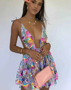 Abito corto da donna sexy con cravatta floreale con paillettes senza schienale a V profondo