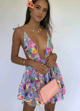 Abito corto da donna sexy con cravatta floreale con paillettes senza schienale a V profondo