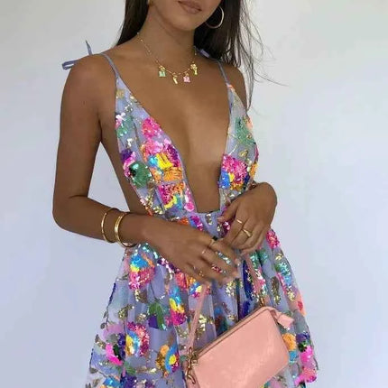 Abito corto da donna sexy con cravatta floreale con paillettes senza schienale a V profondo