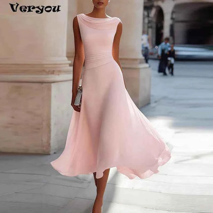 Elegante Abito da Festa per Donna, Estivo, Tinta Unita, Senza Maniche, Linea A, Abito da Sera, Moda Femminile, Vita Alta, Vestito Lungo, Bianco Rosa Rosso