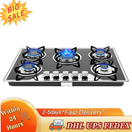5 Burner Built-In Gas Stove Coated Glass (LPG/NG) 180° Fire Control Cast Iron Enamel Gas Cooktop for Homes or Restaurants