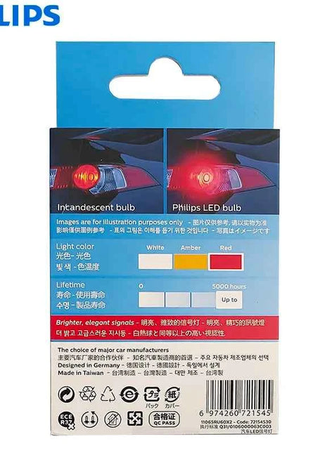 Philips LED W21W T20 7440 Ultinon Pro6000 Red Color Light Auto Rear Brake Stop Lamps No Flash Error Free 11065RU60X2, Pair