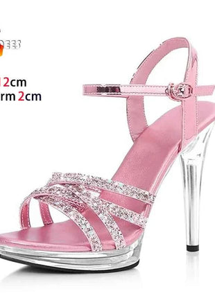 Sandali da donna a spillo argento 12CM Tacchi alti a fascia stretta lucida Sandali da donna eleganti di grandi dimensioni Scarpe da sposa estive da sposa