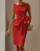 Elegante abito con fiocco solido per le donne Moda senza maniche O collo Pacchetto sottile Abiti alla moda Lady Serata formale Abbigliamento da donna