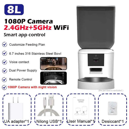 5G Automatic Cat Feeder With 1080p Camera Video WiFi Cat Food Dispenser Pet Smart Voice Recorder Remote Control Pet Auto Feeder