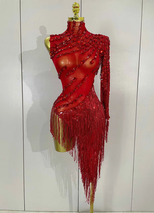 STOCK Strass scintillanti Nappa Abito trasparente sexy Donna Una spalla Abiti da ballo latino Bar Discoteca Costume di scena per feste