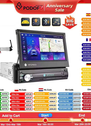 Podofo 1Din 7 ''Car Multimedia Player 8 + 128G 8Core Car Radio Carplay Android Car WIFI GPS Navigation Retractable Screen Stereo