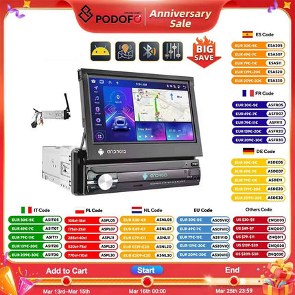 Podofo 1Din 7 ''Car Multimedia Player 8 + 128G 8Core Car Radio Carplay Android Car WIFI GPS Navigation Retractable Screen Stereo