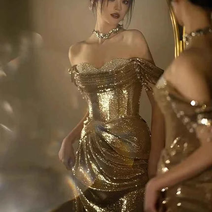 Abito da Sera Donna Paillettes Dorate Spalle Scoperte Lunghezza Pavimento Sirena - Mauroicardi