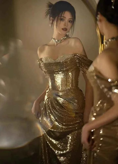 Abito da Sera Donna Paillettes Dorate Spalle Scoperte Lunghezza Pavimento Sirena - Mauroicardi