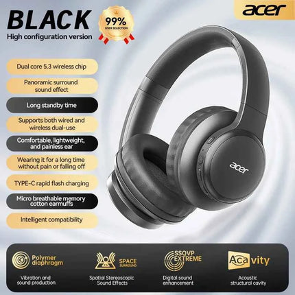 Acer Ohr559 Wireless Bluetooth Headset with High-Fidelity Stereo Bass Sound, Noise Reduction for Calls, Music, and Gaming, No Delay, Long Battery Life, Full-Ear Coverage, Comfortable Fit, with Microphone