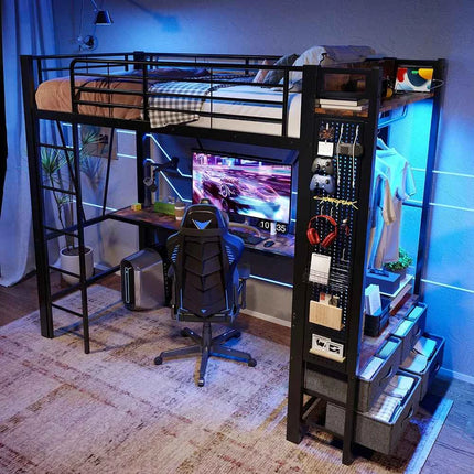 KOMHTOM High Bed 90x200cm Iron frame with desk LED bar USB + TYPE-C socket 4 drawers