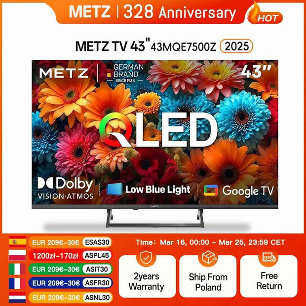 METZ QLED TV 43 Inch 4K Smart LED Television Google Tele HDR 10 MEMC DBX Dolby Atmos Game Hub EyeCare Tuner 2025 43 MQF7500Z
