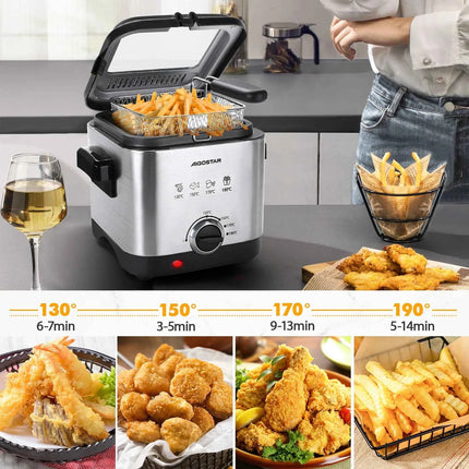Aigostar Fries 30IZD 1.5L Compact Fryer Stainless Steel 1000 Watt with Viewing Window, Temperature Control, Exclusive Design