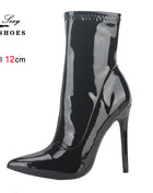 10CM 12CM Women Sexy Ankle Boots Zipper Thin Heels Short Boot Shiny Patent Leather High Heels Office Shoes Woman Bota Feminina