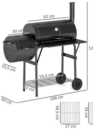 Charcoal grill made of steel, BBQ smoker with lid, charcoal grill trolley for barbecue, camping, garden 109 x 60 x 120 cm