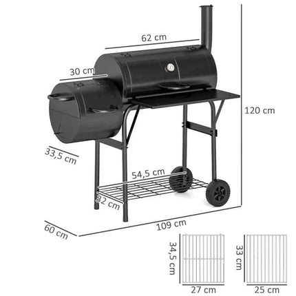 Charcoal grill made of steel, BBQ smoker with lid, charcoal grill trolley for barbecue, camping, garden 109 x 60 x 120 cm