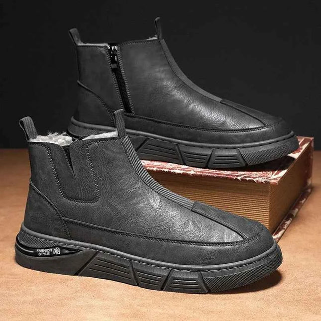 Winter Shoes Man Ankle Platform Brown Leather Zip Up Snow Boots for Men Booties New in Work Fur Brands Thick Plush Anti Slip