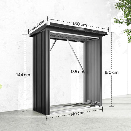 Outsunny Outdoor Log, Outdoor Woodshed in Galvanized Steel, Wooden House Shed with Raised Base and Tilted Roof, Fast Mounted, 0.77m ², 150x66.5x150 cm, Dark Grey