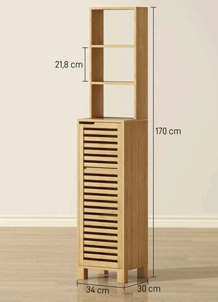 Homcom Tall Narrow Bamboo Bathroom Cabinet with 3 Open Shelves Slatted Door Adjustable Shelves Natural