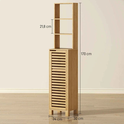 Homcom Tall Narrow Bamboo Bathroom Cabinet with 3 Open Shelves Slatted Door Adjustable Shelves Natural