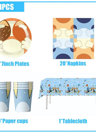Nuovo cartone animato Cani Decorazione festa di compleanno Set completo Kit Cane blu Buon compleanno Piatti Tovaglioli Tazze Articoli per la tavola Bomboniera per bambini