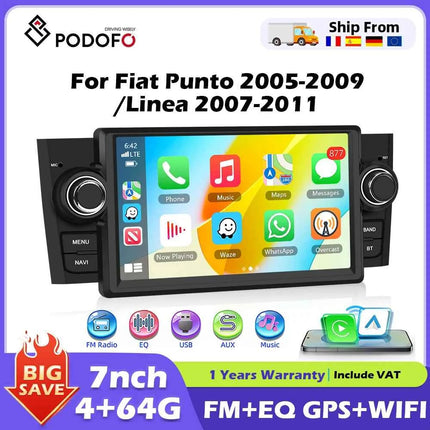 Podofo 4+64G Carplay Android Car Multimedia Player For FIAT Punto 2005-2009 Linea 2007-2011 Android Auto Autoradio GPS BT FM/RDS