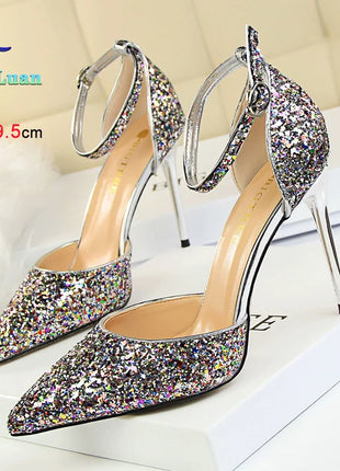 Sandali da Donna con Paillettes 2025, 9.5cm 7.5cm, Fibbia alla Caviglia, Tacco a Spillo per Matrimonio, Nuove Scarpe Classiche con Tacco Alto, Taglie 34-40