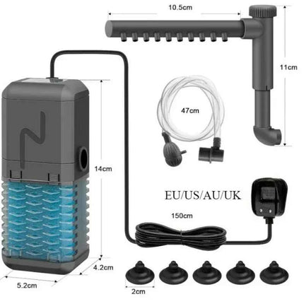 3-IN-1 Aquarium Internal Filter Pump Silent Wave-Maker Submersible Fish Tank Filters Air Oxygen Aerator for Saltwater Freshwater