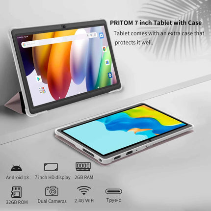 Pritom Tablet PC da 7 pollici, Android 13 Quad Core, 4 GB (2+2 GB virtuale) RAM 32 GB ROM, WiFi, doppia fotocamera, USB C, con custodia in pelle