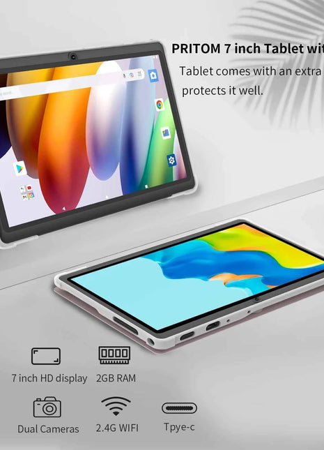 Pritom Tablet PC da 7 pollici, Android 13 Quad Core, 4 GB (2+2 GB virtuale) RAM 32 GB ROM, WiFi, doppia fotocamera, USB C, con custodia in pelle