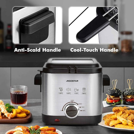 Aigostar Fries 30IZD 1.5L Compact Fryer Stainless Steel 1000 Watt with Viewing Window, Temperature Control, Exclusive Design