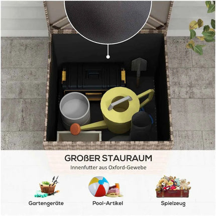 Weatherproof Poly Rattan Garden Storage Box - 75x75x70cm Sand, Gas Lift Lid, Cushion Organizer for Patio & Balcony