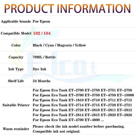 102 104 Ink For Epson T102 T104 Refill Dye ink For Epson ET-2700 ET-2750 ET-2751 ET-2756 2814 ET-2815 ET-2820 2810 Printer ink