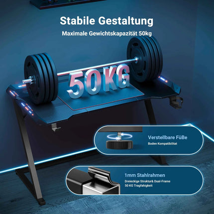 Claiks Gaming Desk with LED Light, Z-Frame Gaming Table with Cup Holder and Built-in Headphone Hook