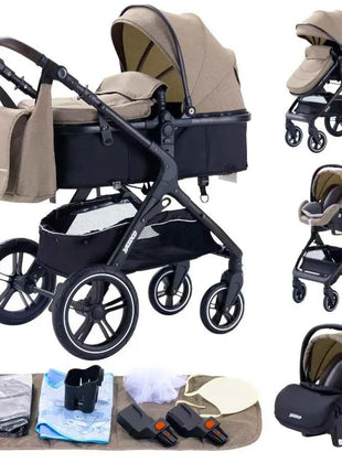 Multifunction 3 in 1 Baby Stroller with Car Seat and Sleeping Basket Baby Pram Lightweight Infant Pushchair Compact Folding Pram