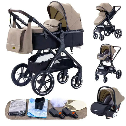 Multifunction 3 in 1 Baby Stroller with Car Seat and Sleeping Basket Baby Pram Lightweight Infant Pushchair Compact Folding Pram