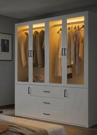 Armadio a 3 ante Fangange con specchio, armadio con luci LED e cassetti, guardaroba in legno con asta appendiabiti