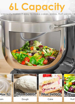 BioloMix 6-speed Kitchen Food Stand Mixer 1200W DC Quiet Motor  6L Stainless Steel Bowl with Cream Egg Whisk Whip Dough Kneader