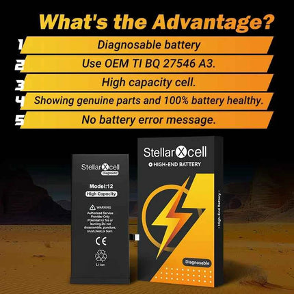 StellarXcell Diagnostic Battery show genuine part no pop up message for iphone 12mini 13Pro 14Plus 15Promax battery replacement
