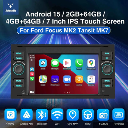 DAB For Ford Transit MK7 Fiesta Fusion Kuga C/S-Max Galaxy Android 15 4+64G Apple Carplay Android Auto Car Stereo GPS WIFI RDS